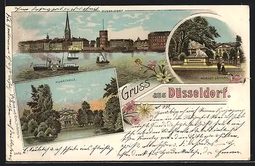 Lithographie Düsseldorf, Kunsthalle, Kriegerdenkmal, Panorama