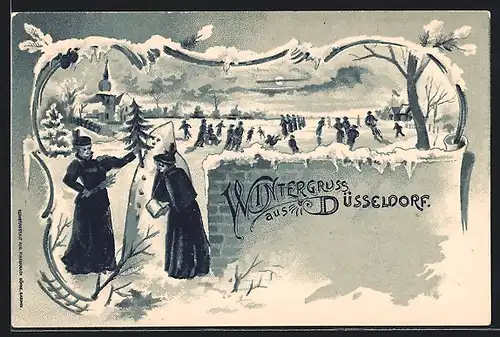 Winter-Lithographie Nürnberg, Schlittschuhläufer auf der Eisbahn u. zwei einen Schneemann bauende Frauen