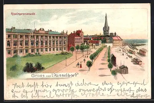 Lithographie Düsseldorf, Rheinpromenade aus der Vogelschau