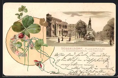 Präge-Lithographie Düsseldorf, Alleestrasse mit Bismarck-Denkmal und Theater