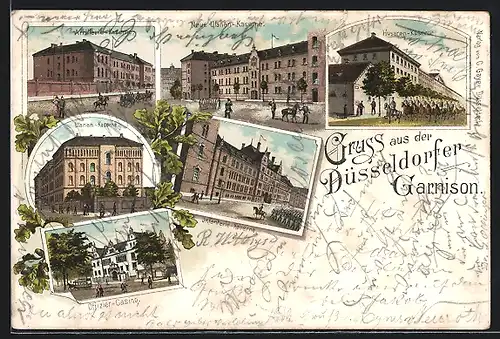 Lithographie Düsseldorf, Artillerie-Kaserne, Neue Ulanen-Kaserne, Husaren-Kaserne, Offizier-Casino