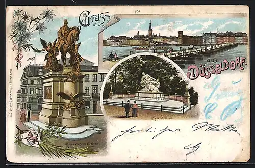 Lithographie Düsseldorf, Totale, Krieger-Denkmal, Kaiser-Wilhelm-Denkmal