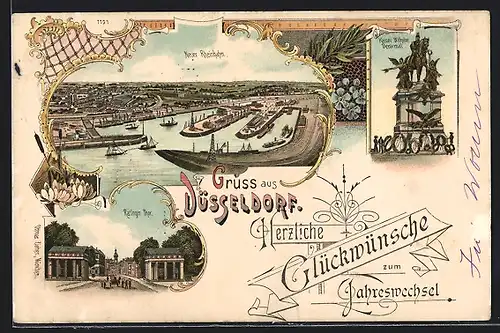 Lithographie Düsseldorf, Neuer Rheinhafen, Ratinger Tor, Kaiser Wilhelm-Denkmal