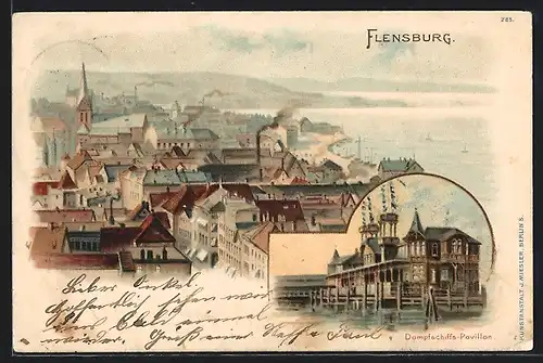 Lithographie Flensburg, Ortsansicht, Dampfschiff-Pavillon