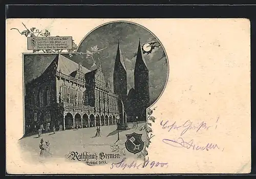 AK Bremen, Rathaus und Kirche an einer Vollmondnacht