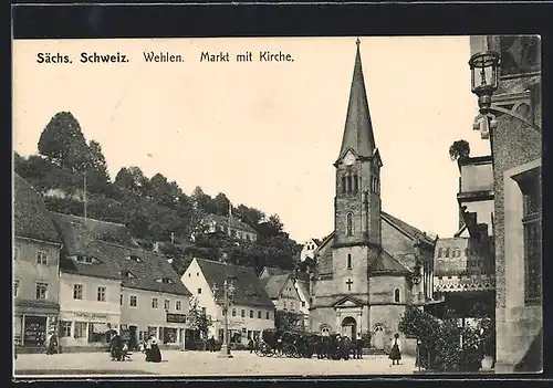 AK Wehlen / Elbe, Markt mit Kirche
