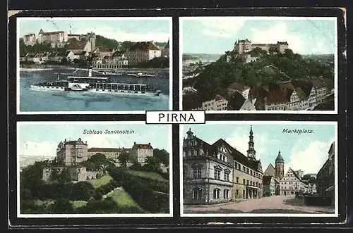 AK Pirna, Schloss Sonnenstein, Marktplatz, Teilansichten der Ortschaft