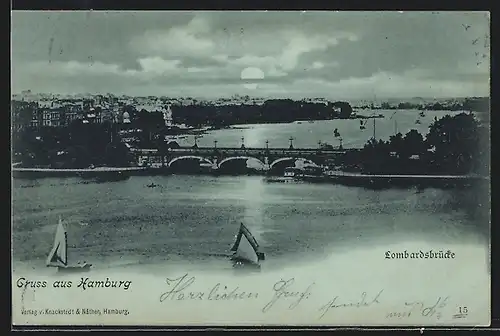 Mondschein-AK Hamburg-Neustadt, Gesamtansicht mit Lombardsbrücke