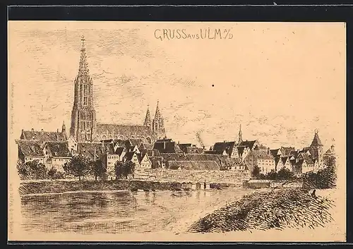 AK Ulm a. D., Teilansicht mit Kirche