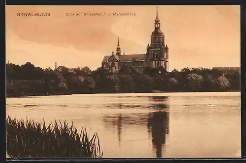 AK Stralsund, Blick auf Knieperteich und Marienkirche