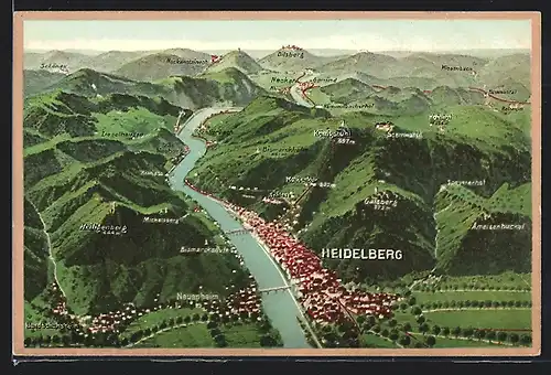 AK Heidelberg / Neckar, Landkarte mit Umgebung, Neuenheim, Heiligenberg, Königstuhl