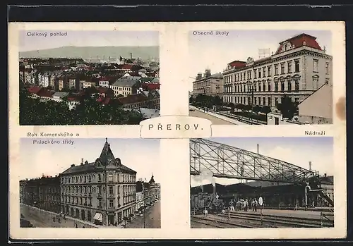 AK Prerov, Bahnhof /Nádrazi, Obecné skoly, Palackého tridy