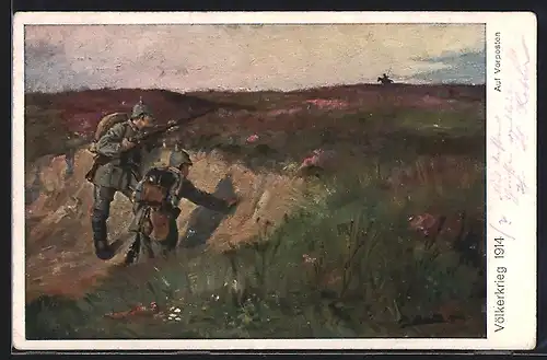 Künstler-AK Auf Vorposten, deutsche Infanteristen erspähen feindlichen Kavallerist auf Patrouille