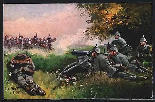 AK Soldaten der Infanterie mit Maschinengewehr in Feuerstellung, Völkerkrieg 1914-15