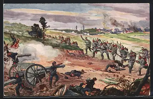 Künstler-AK Völkerkrieg 1914, Wegnahme einer franz. Batterie, Infanterie