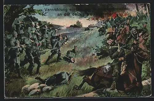 AK Soldaten der Infanterie vernichten eine russ. Kosakenpatrouille an der deutschen Ostgrenze
