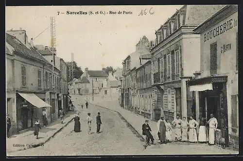 AK Sarcelles, Rue de Paris et Boucherie G. Martin