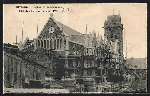 AK Biville, Eglise en construction, Etat des trauvaux en Juin 1924