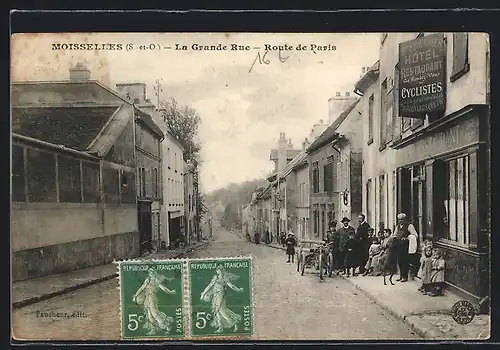 AK Moisselles, la Grande Rue, Route de Paris, Hotel-Restaurant E. Faucheur