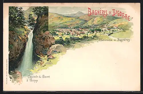 Lithographie Bagneres-de-Bigorre, Cascade du Goret a Gripp, Panorama