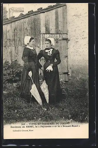AK Environs de Niort, La Paysanne et le Bonnet Rond, Damen in Tracht mit Schirm