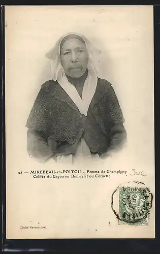 AK Mirebeau-en-Poitou, Femme de Champigny, Coiffée du Cayon ou Bourrelet ou Cornette