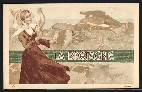AK La Bretagne, Frau in Tracht mit Spindel