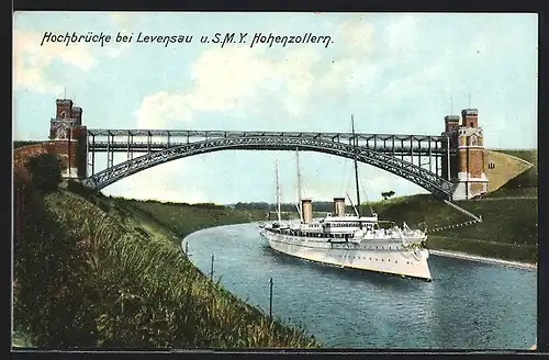 AK Levensau, das Kriegsschiff S.M.Y. Hohenzollern unter der Hochbrücke