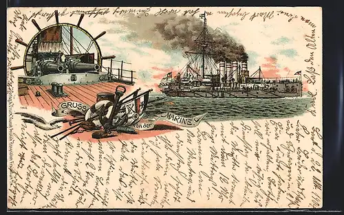 Lithographie Kriegsschiff, Deck mit Geschützen