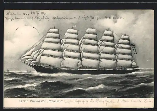 AK Segelschiff Fünfmaster Preussen auf See