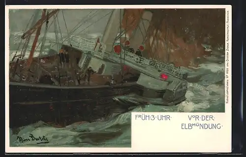 AK Dampfer in schwerer See vor der Elbmündung