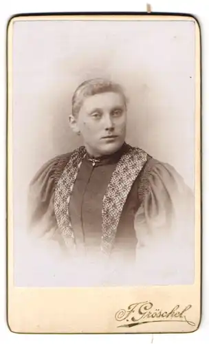 Fotografie F. Gröschel, Rumburg, Klostergasse, Junge Dame im Kleid mit Puffärmeln und stark verziertem Revers