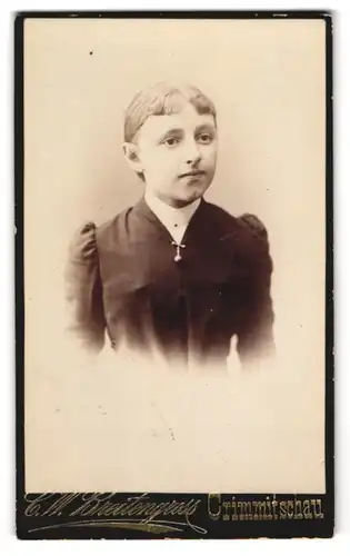 Fotografie C. W. Breitengross, Crimmitschau, Leipzigerstrasse, Junges Mädchen im schwarzen Kleid mit kleinem Anhänger