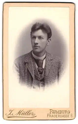 Fotografie J. Müller, Rumburg, Pragergasse 6, Junger Mann im grauen Tweedanzug mit breiter Krawatte mit Anstecknadel