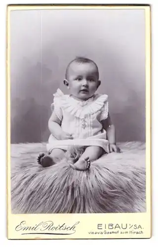 Fotografie Emil Roitsch, Eibau i. Sa., Kleindkind im verzierten weissen Kleid, mit erwartungsvollem Blick auf einem Pelz