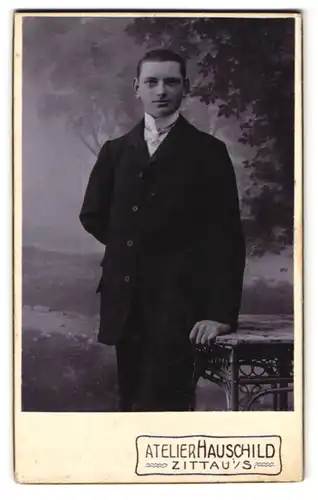 Fotografie Atelier Hauschild, Zittau i. S., Junger Mann mit leichtem Lächeln im Anzug mit Krawatte