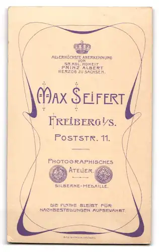 Fotografie Max Seifert, Freiberg i. S., Poststr. 11, Eleganter Herr mit Schnauzbart u. breiter Krawatte