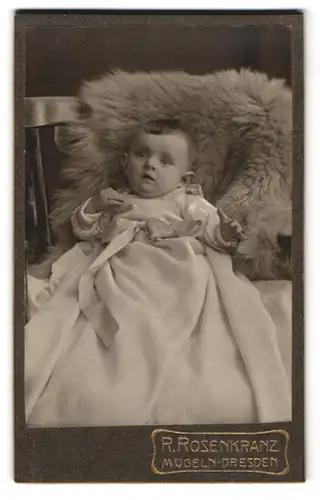 Fotografie R. Rosenkranz, Mügeln-Dresden, Königstrasse 32, Erstauntes Kleinkind in Kleid mit Schleife auf einem Fell