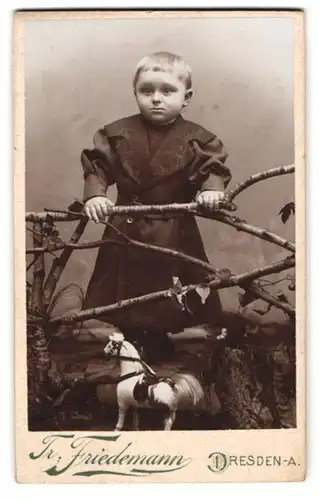 Fotografie Tr., Friedemann, Dresden-A., Rosenstr. 48, Angespanntes Kind in dunklem Mantel mit Pferd