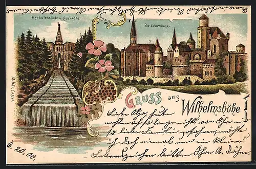 Lithographie Kassel-Wilhelmshöhe, Löwenburg, Herkulessäule und Kaskaden