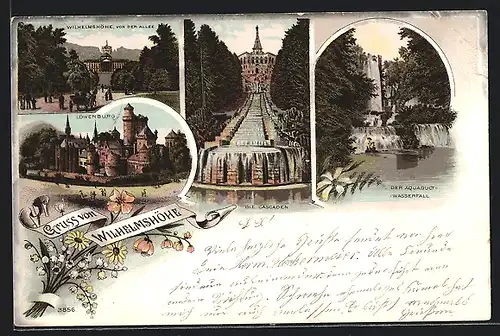 Lithographie Cassel-Wilhelmshöhe, Ortsansicht von der Allee, Löwenburg, Aquaduct-Wasserfall, Cascaden