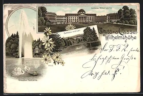 Lithographie Kassel, Schloss Wilhelmshöhe, Schloss m. d. Lac, Grosse Fontaine