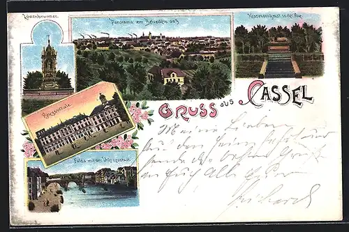 Lithographie Kassel, Löwenbrunnen, Kriegsschule, Fulda mit der Unterneustadt, Hessendenkmal in der Aue, Panorama
