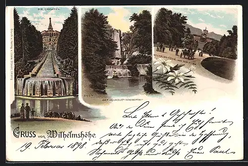 Lithographie Kassel, Die Kaskaden, Der Aquaduct-Wasserfall, Wilhelmshöhe, von der Allee aus gesehen