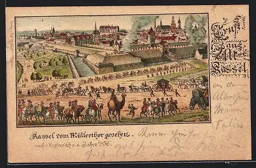 Lithographie Kassel, Ansicht der Stadt im Jahr 1596 vom Müllerthor aus