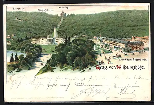 Lithographie Cassel, Wilhelmshöhe, Grand Hotel Schombardt, Blick zum Herkules