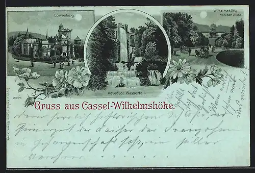 Lithographie Kassel-Wilhelmshöhe, Löwenburg, Aquaduct Wasserfall, Ortspartie von der Allee