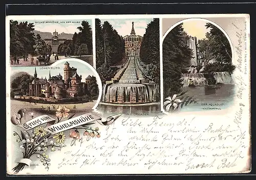 Lithographie Cassel-Wilhelmshöhe, Ortsansicht von der Allee, Löwenburg, Aquaduct-Wasserfall, Cascaden