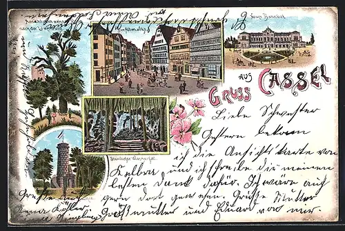Lithographie Kassel, Neuer Bahnhof, Altmarkt, Steinhöfer Wasserfall, Aussichtsturm