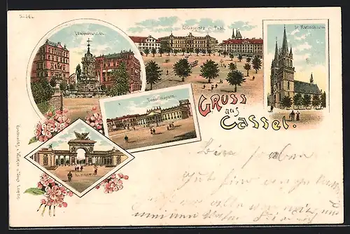 Lithographie Kassel, St. Martinskirche, Königsplatz mit Post, Löwenbrunnen